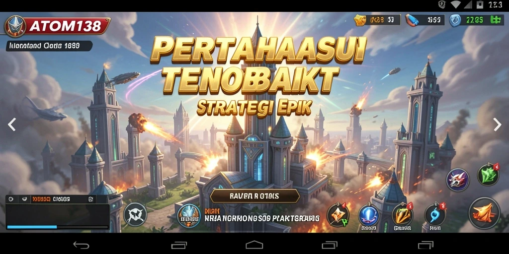Screenshot gameplay ATOM138 menampilkan pertarungan megah dalam Tower Defense.