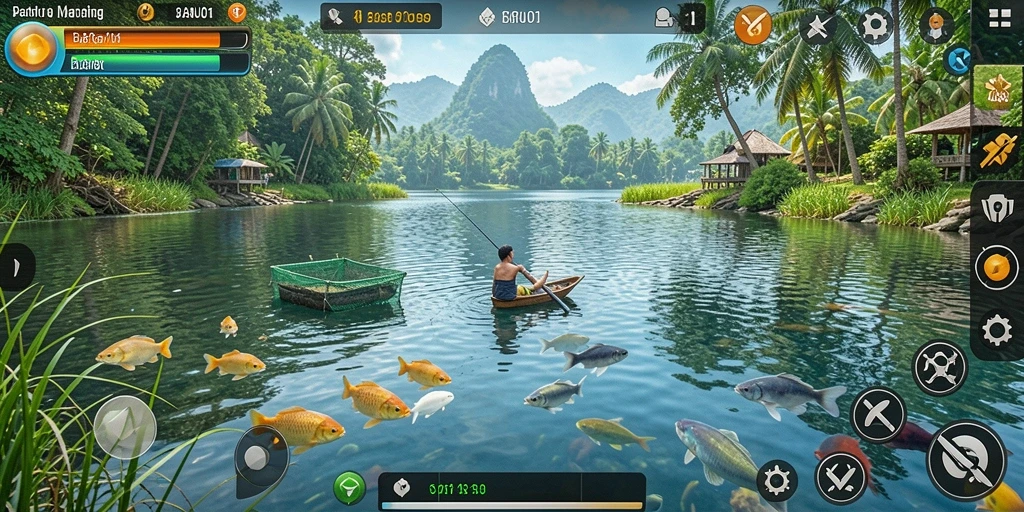 Screenshot gameplay BARU01 yang menunjukkan seorang pemain menangkap ikan besar.