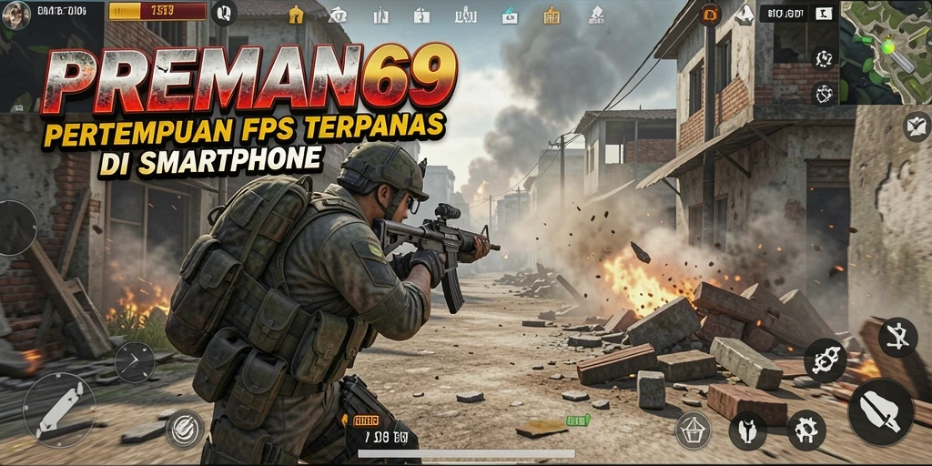 Tampilan gameplay mendebarkan dalam PREMAN69 yang menunjukkan aksi FPS intens.