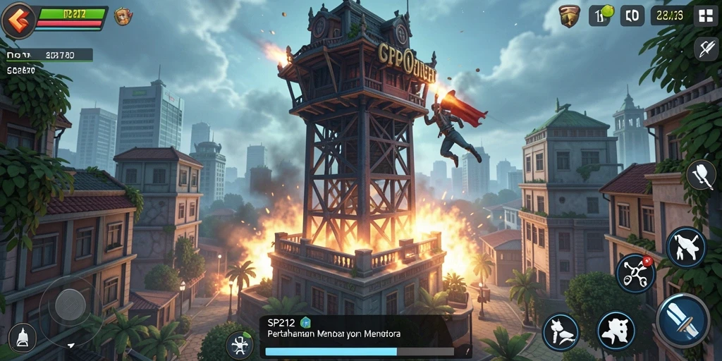 Gameplay menawan SP212 dengan menara dan musuh yang menegangkan.